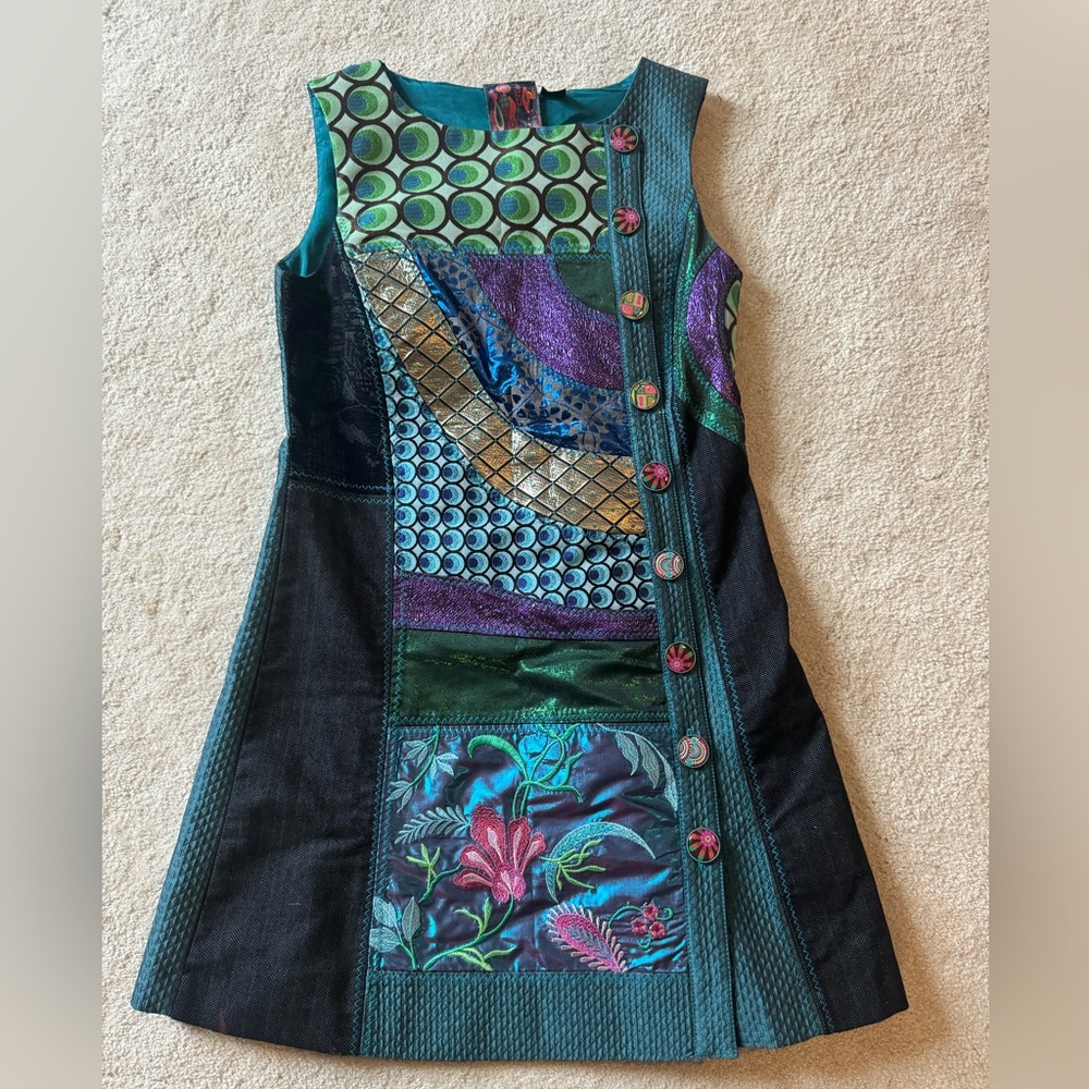 Desigual dress, denim like material, lots of designer details .
